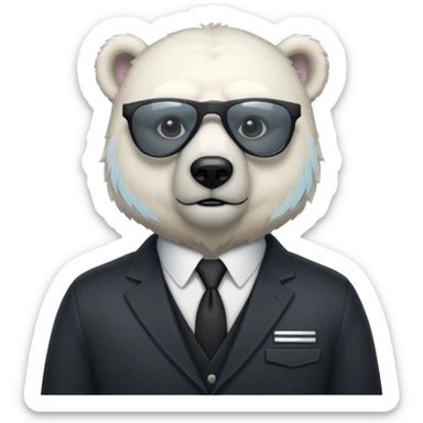 Make a humanoid polar bear with a secret agent outfit and dark black glasses sticker