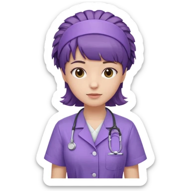 A young female slim nurse with short Brown hair with fringe over her forehead, wearing larvendar purple working cloth, show her hair style without any head wear sticker