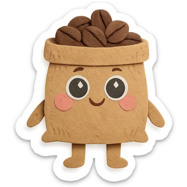 burlap coffee bean bag, full body, big sparkling eyes, soft pastel hand-drawn style sticker