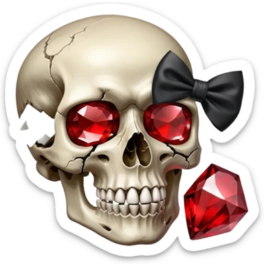 make me a red crystal skull partly see thew super gem like make it realistic and held together by a big black bow super realistic skull cracking all over the eyes are black and rotting  sticker