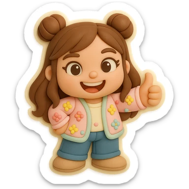3D chibi fondant cake art style, high-quality rendering with smooth shadows and soft gradients. Girl based on reference image, preserving facial features and eye shape exactly as in the 'thumbs down' sticker. Long brown hair in two space buns, brown eyes, jeans, pastel floral cardigan, shoes. Thumbs up, big open smile. Thick white outline like a sticker, transparent background. Ensure the face, hairstyle, eye shape, and shoes match the reference exactly. sticker