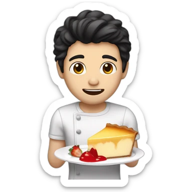 a guy whith black hair white skin eating a flan patissier sticker
