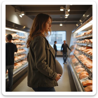 realistic pregnant woman in 4K walking away from the salmon counter after reading the sign that says: 'Attention, consuming raw salmon may pose risks during pregnancy' sticker