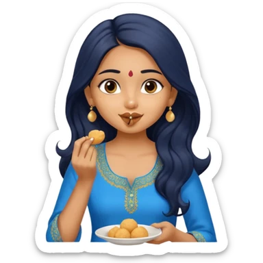 a pretty tan indian bratz girl. eyeliner on, wearing a blue kurti, eating golgappa. NO SPOON. wavy long BLACK coloured hair sticker
