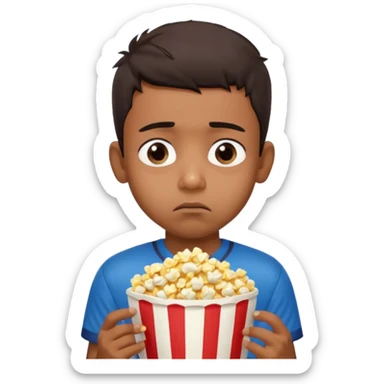 an indian boy wearing INDIAN cricket jersey and eating popcorn and looking sad sticker