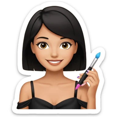 black short shoulder length hair tanned woman, black dress doing girly things sticker