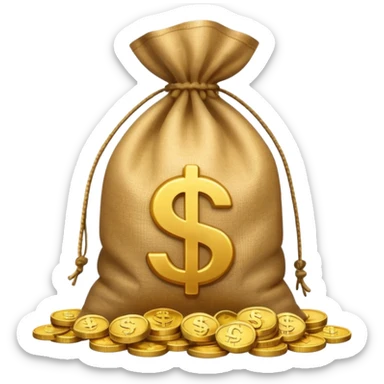 sack of money with a play icon printed on it, no dollar sign, coins stacked beside sticker