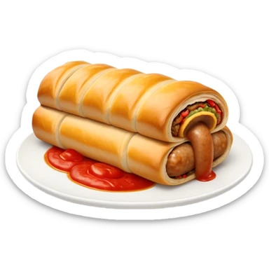 cinematic-realistic-sausage-roll-dish-emoji,-depicted-with-a-crisp,-golden-pastry-wrapped-around-flavorful-sausage,with a squeeze of tomatoe sauce on top sticker