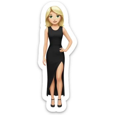 Blonde woman, Green eyes,Long black tight sleveless Dress, Slot left leg sticker