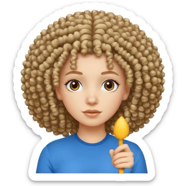 white girl with curly afro and blue shirt sticker