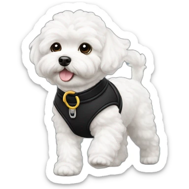 White maltipoo walking with black collar sticker