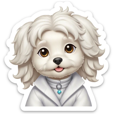 Cinematic Cute Wavy-Haired Maltese Portrait Emoji, Head tilted playfully and inquisitively, featuring a luxurious, wavy-haired white coat with a healthy sheen, round, sparkling dark eyes filled with curiosity, Simplified yet irresistibly adorable features, highly detailed, glowing with a warm, friendly glow, high shine, affectionate and lively, stylized with a touch of whimsy, bright and endearing, soft glowing outline, capturing the essence of a mischievous yet loving companion, so playful it feels like it could scamper out of the screen and into your arms! sticker