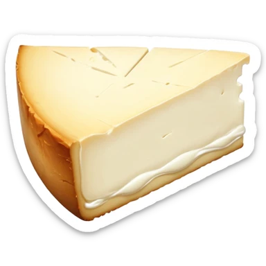 soft brie cheese wedge, creamy off-white center, white bloomy rind, smooth slightly oozing near edge, thick velvety crust, soft rich core, no extras, soft lighting, subtle shadows, emoji scale sticker