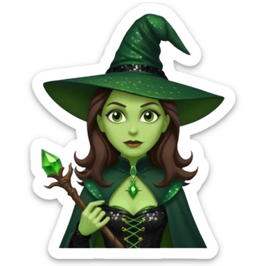 The Wicked Witch from Oz with long brown hair, green skin, black sequin outfit sticker