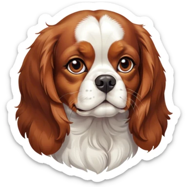 Cinematic Noble Blenheim Cavalier King Charles Spaniel Portrait Emoji, Poised and regal, with a graceful, medium build and a well-groomed Blenheim coat featuring rich chestnut and white markings, soulful brown eyes, Simplified yet sharp and sophisticated features, highly detailed, glowing with a soft, dignified glow, high shine, intelligent and affectionate, stylized with an air of elegance, focused and attentive, soft glowing outline, capturing the essence of a watchful and refined companion, so majestic it feels as though it could step out of the screen with effortless authority! sticker