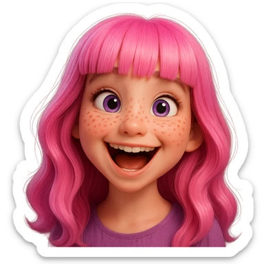 Redraw this character in a 3D Disney style with a joyful laughing expression, keeping the pink hair, purple eyes, and freckles. Reference the original likeness. The style should reflect a vibrant, detailed 3D Disney animation look with expressive features and soft shading. sticker