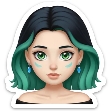 a soft, dolllike emoji girl with light sage green skin and big green-blue eyes, long black hair that swoops gently at the ends, a tiny silver nose stud and a eyebrow piercing on the left side. off the shoulder black top that shows her collarbones sticker