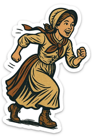 The full body of A female 1860s American settler in the American West looking excited and about to start a race sticker
