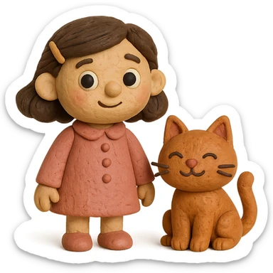 claymation style character with dark brown hair clipped back with a hairpin, sweet eyes, pink outfit, cat friend sticker