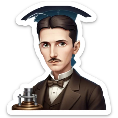 Nikola Tesla – Cinematic Realistic Portrait of Nikola Tesla, depicted as a visionary inventor with intense, thoughtful eyes and period attire, surrounded by subtle arcs of electric light and early laboratory apparatus, rendered with dramatic lighting that evokes mystery and innovation. sticker
