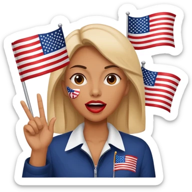 a woman is talking and the English and American flags are coming out sticker