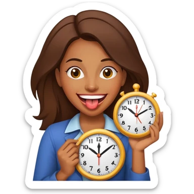 Brown woman sticking out her tongue holding a clock sticker