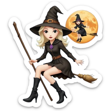 Tall thin witch on a broomstick wearing very high heeled boots sticker