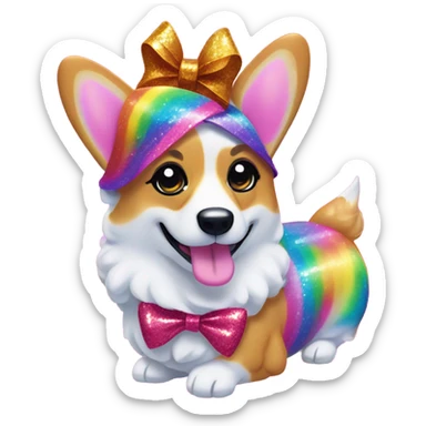 Lisa frank rainbow glitter corgi with ribbon bow on head sticker