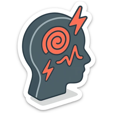 silhouette of a head or person with emphasis on the head area symbolizing headache, including pain icons such as lightning, pulse, red zone, or spiral, clear shadows and highlights, 2D isometric style sticker