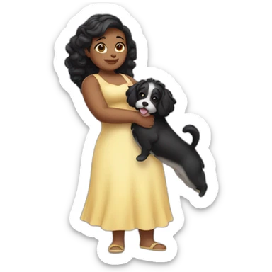fat fair girl with  wavy black hairs holding dog in her arms sticker