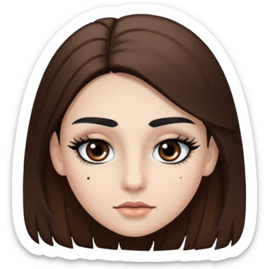 Eye black and big, eyelashes long, eyebrows black, skin white, and so beautiful hair long and brown skin tone white,hair brown and long and some brown sticker