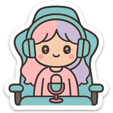 Add a gaming chair behind the streamer with headphones, keep the kawaii style, with no background. sticker