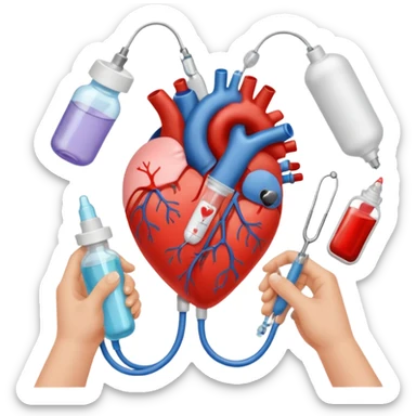 hands making a loveheart with background of stethescope, heel lancet, baby blood tubes, monitoring cables, baby bottle, cute scrapbooking paper,  sticker