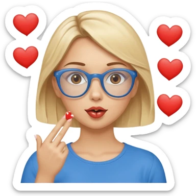 Asthectic Blonde women with brown eyes, blue glasses, waering a brown top, blowing a kiss with hearts around her. sticker