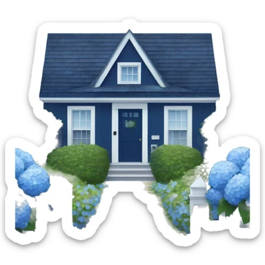 Navy blue shingle beach house with hydrangeas lining the drive way  sticker