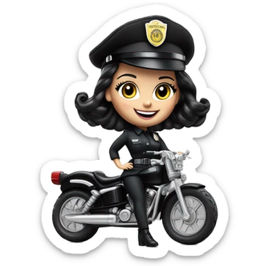 Bouclé Beauty Barbie, Wednesday Addams from academy, in vertically-striped dark-gray and black police officer’s uniform with small hat. Leaning back at the hips, riding a wheelie on a hot rod bike smiling  sticker
