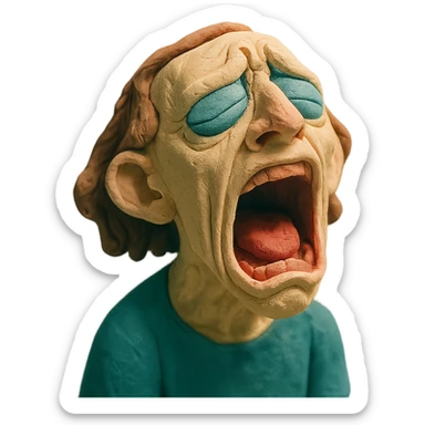 dramatic dying face with exaggerated features in claymation style sticker