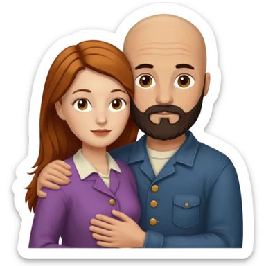 Couple. Bald man with dark brown-black beard. White woman with many small, faded freckles, she has white skin and she has auburn-yellow-brown-cinnamon, dark long hair. She has light brown eyes. The man have hazel eyes. Retro style. They hug. sticker