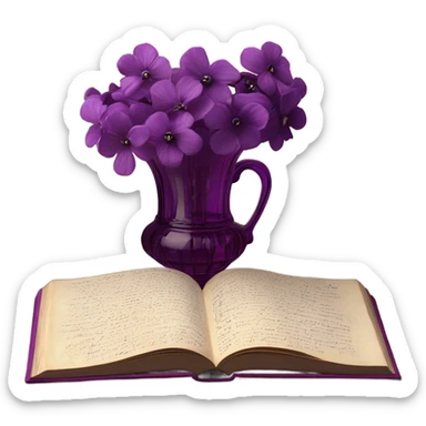 An aesthetic arrangement of a violet vintage book and dark magenta flowers in a light violet glass vase, surrounded by antique letters sticker