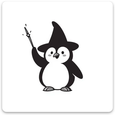 a cute penguin wizard with a pointy hat and a magic wand sticker