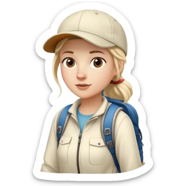 woman hiking on mountain trail cream clothes baseball cap sticker