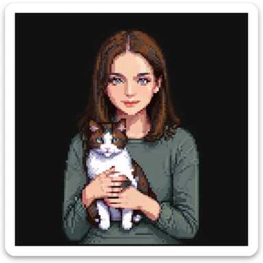 a sad brunette woman with straight hair sitting on the floor, holding a ginger cat in her lap sticker