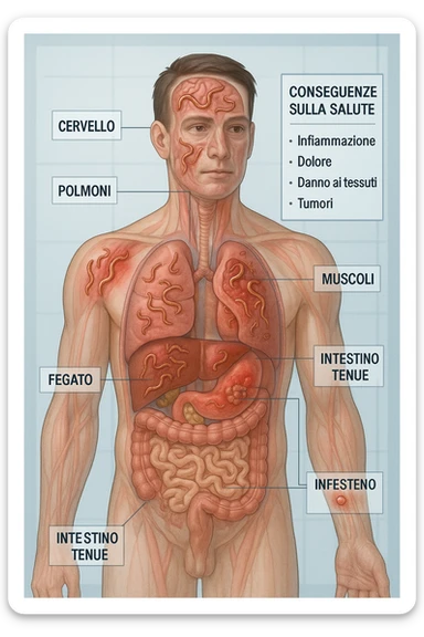 a semi-transparent view of a man’s body reveals numerous parasitic organisms inside his organs and tissues. Some areas are highlighted with red or inflamed zones, and small tumor-like masses are visible where the parasites cluster. The background is clinical and educational, with labels pointing to affected organs and a sidebar showing the health consequences. scritto in italiano sticker