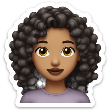 Hispanic emoji with hazel eyes, black loose curly hair, medium skin, dull pink lips and small hoop earrings sticker