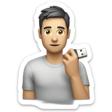 Man holding broken USB cable in his hand. Unhappy sticker