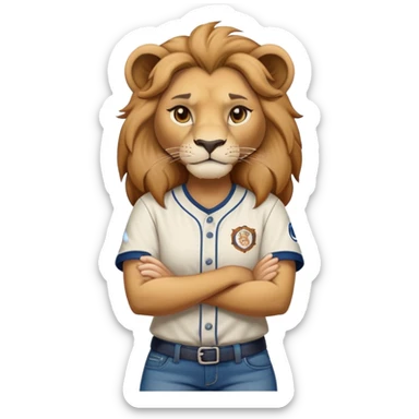determined anthropomorphised female lion in a baseball shirt and jeans with arms folded, confident stance sticker