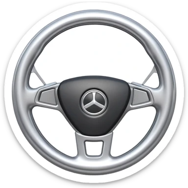 A futuristic steering wheel emoji made of silver chrome, minimal geometric design, smooth metallic surface, soft reflections, iOS emoji style, centered, clean white background sticker
