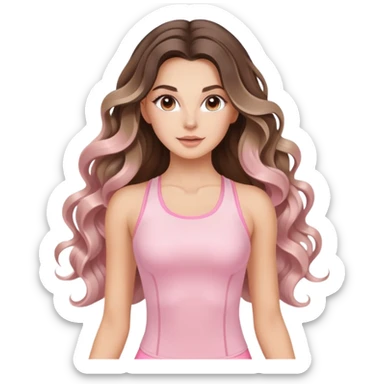 beautiful brunette with a light balayage white girl with nice defined and long curls , very long hair, clean girl makeup STRETCHING IN LIGHT PINK GYM sticker