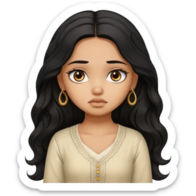a pretty tan bratz girl with long wavy black hair, wearing a light kurti. looking sad sticker