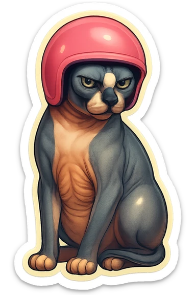Canadian Sphynx cat with coloring as in the photo, sticker style, with a pink helmet sticker